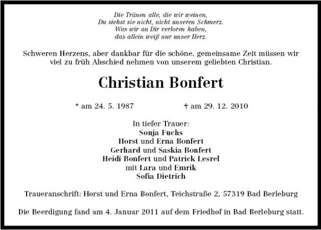Bonfert Christian 1987-2010 Todesanzeige